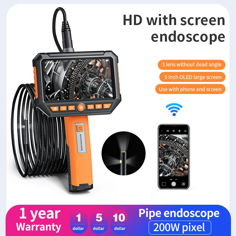 Auto Repair Industrial Endoscope 3.9mm 300W 5 Inch OLED Screen Dual Lens Triple Lens HD Camera Pipeline Maintenance Detector