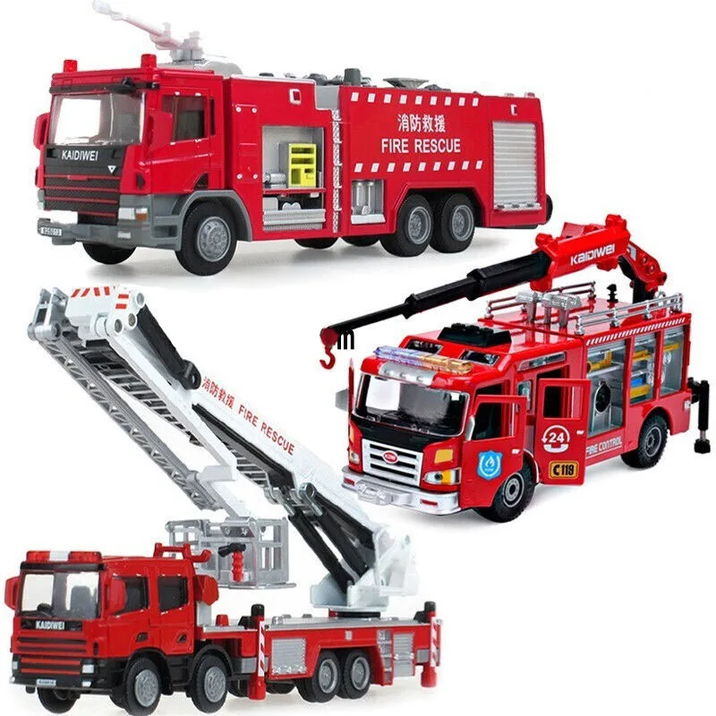 1:50 Simulation Alloy Diecast Fire Truck Toy City Rescue Vehicle Water Tanker Ladder Car Model Collection Child Boy Gift kaidiwei 1 72 3pcs alloy fire truck toy car set 119 rescue car ladder fireman model toy educational toy birthday gift for child