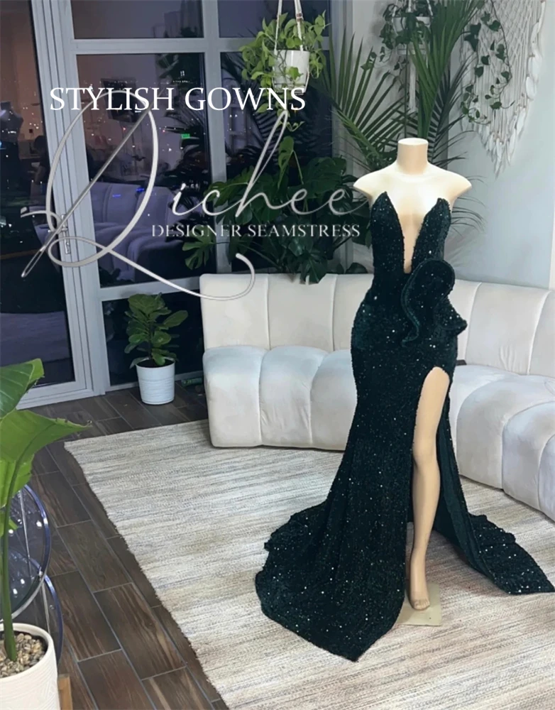 

Emerald Deep V Neck Long Prom Dress For Black Girls 2024 Black Girls Sequined Birthday Party Dresses Ruffles Slit Evening Gown