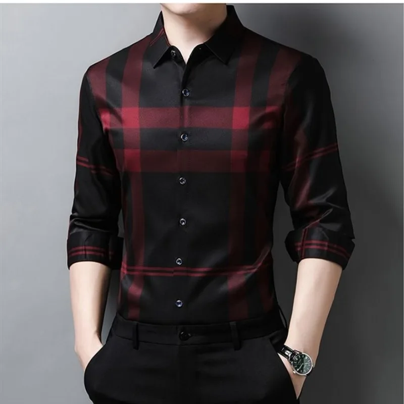 Spring Summer Polo Turn-down Collar Long Sleeve Shirt Men's Stripe Korean Fit Checker Non Ironing Business Fashion Casual Tops