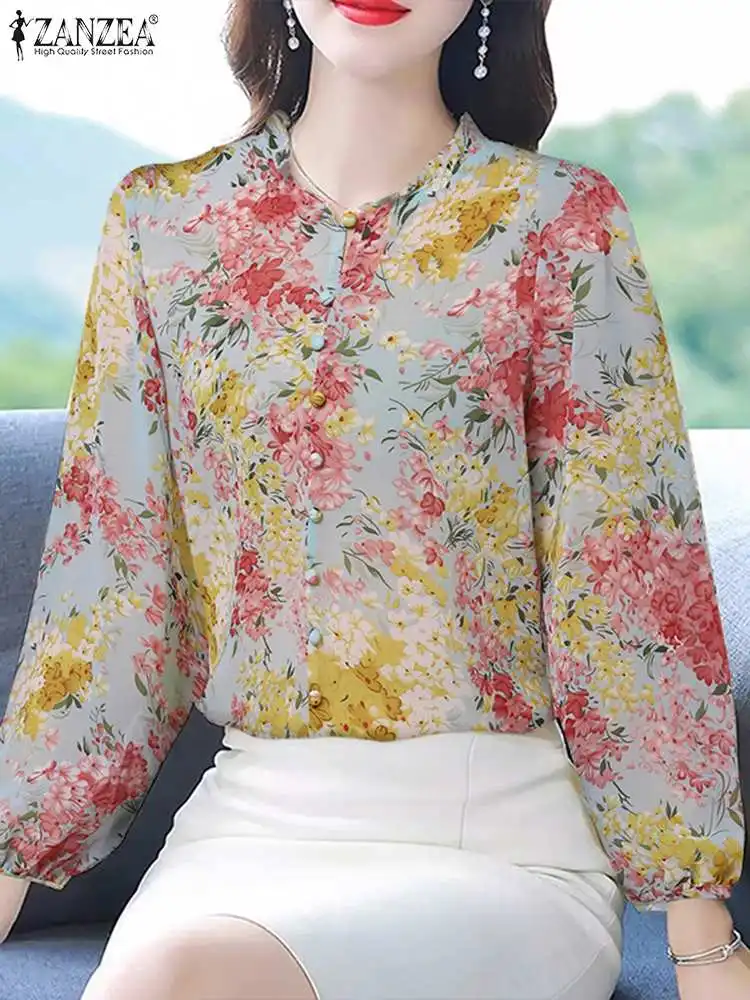 

ZANZEA Vintage Buttons Pleats Tops Bohemian Floral Print Shirt Long Sleeve Blusas Fashion Women Round Neck Blouse 2023 Autumn