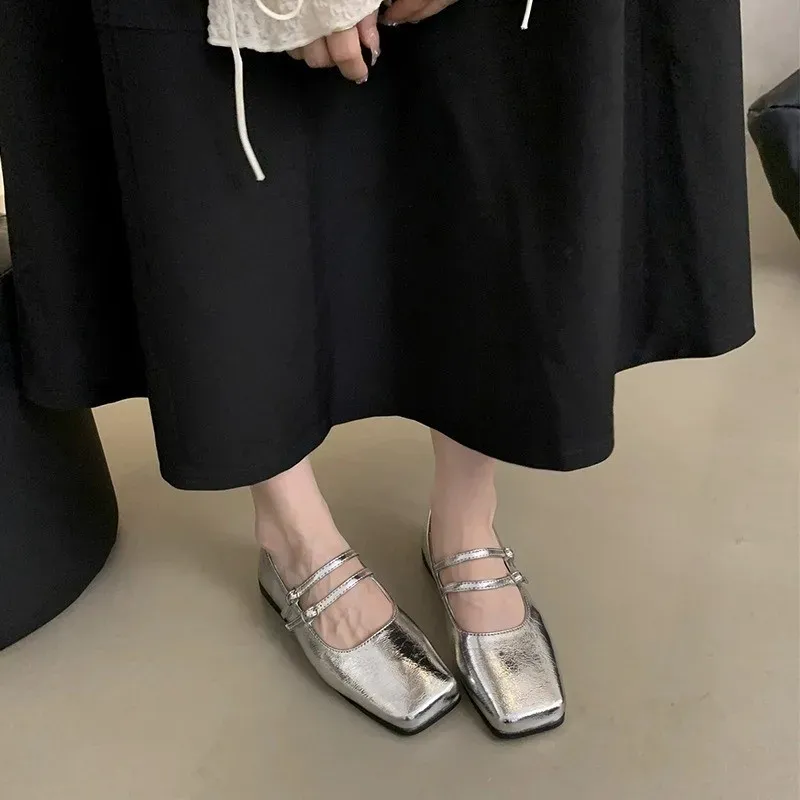 French Style Silver Women's Flat Shoes Spring 2025 New Elegant Commuting Square Head Shallow Mouth Mary Sandals Casual Shoes For