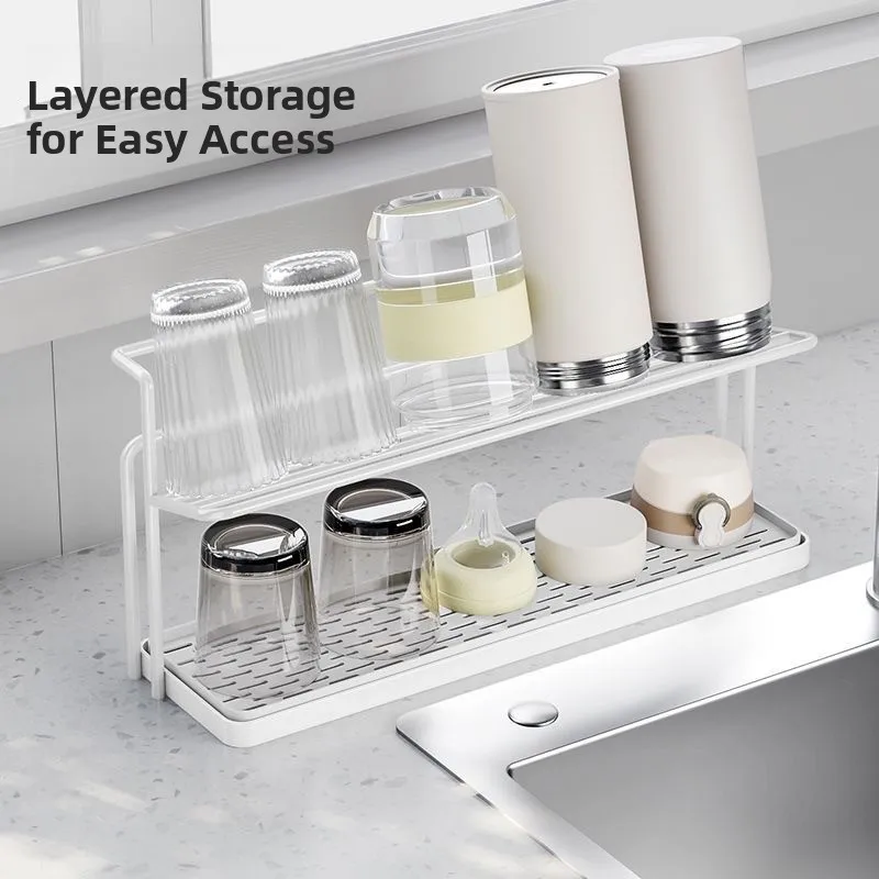 Double Layer Kitchen Counter Glass Bottle Tea Cup Coffee Storage Ra Drain Tray Stand Multi-Functional Kitchen Organizer