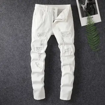 2024 spring and summer hot selling men's white distressed hot drilling jeans slim fit stylish American high street trendy jeans 1