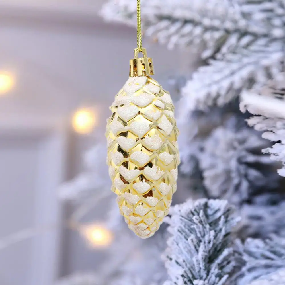 Plastic Painted Pine Cone Ball Xmas Pendants Lanyard Christmas Decoration Props Hanging Ornaments 10Pcs