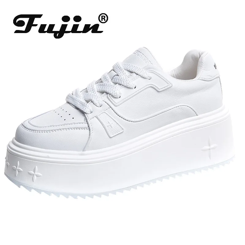 

Fujin/Новинка; Обувь из натуральной коровьей кожи на платформе 6 см; Сезон осень-лето; Модные женские кроссовки на толстой подошве; Белая Весенняя Вулканизированная обувь