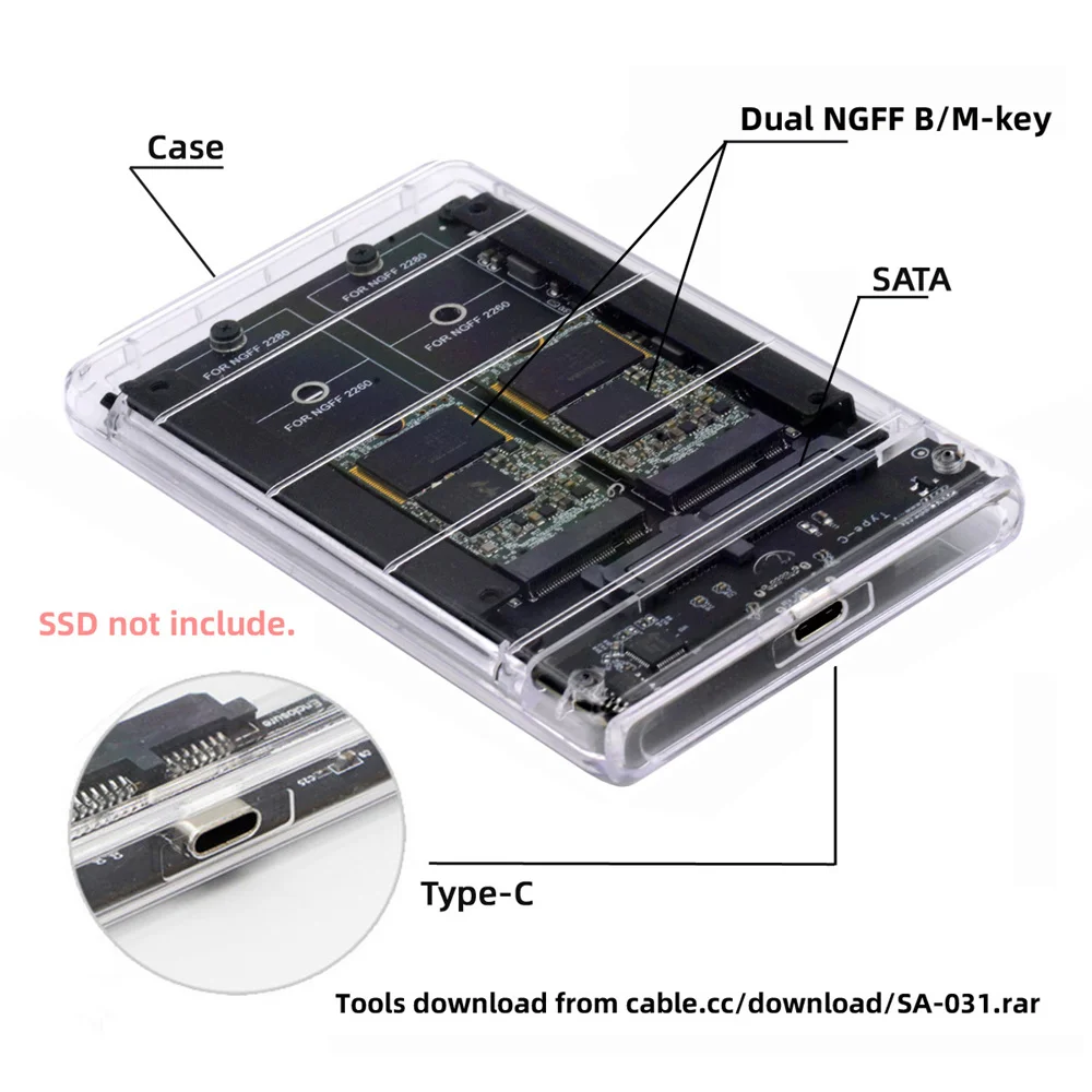 Chenyang-듀얼 NGFF B + M 키 M.2 SSD 카드 JBOD Raid0 스팬 브리지-USB3.0 유형 C USB-C 2.5 인치 SATA 콤보 인클로저