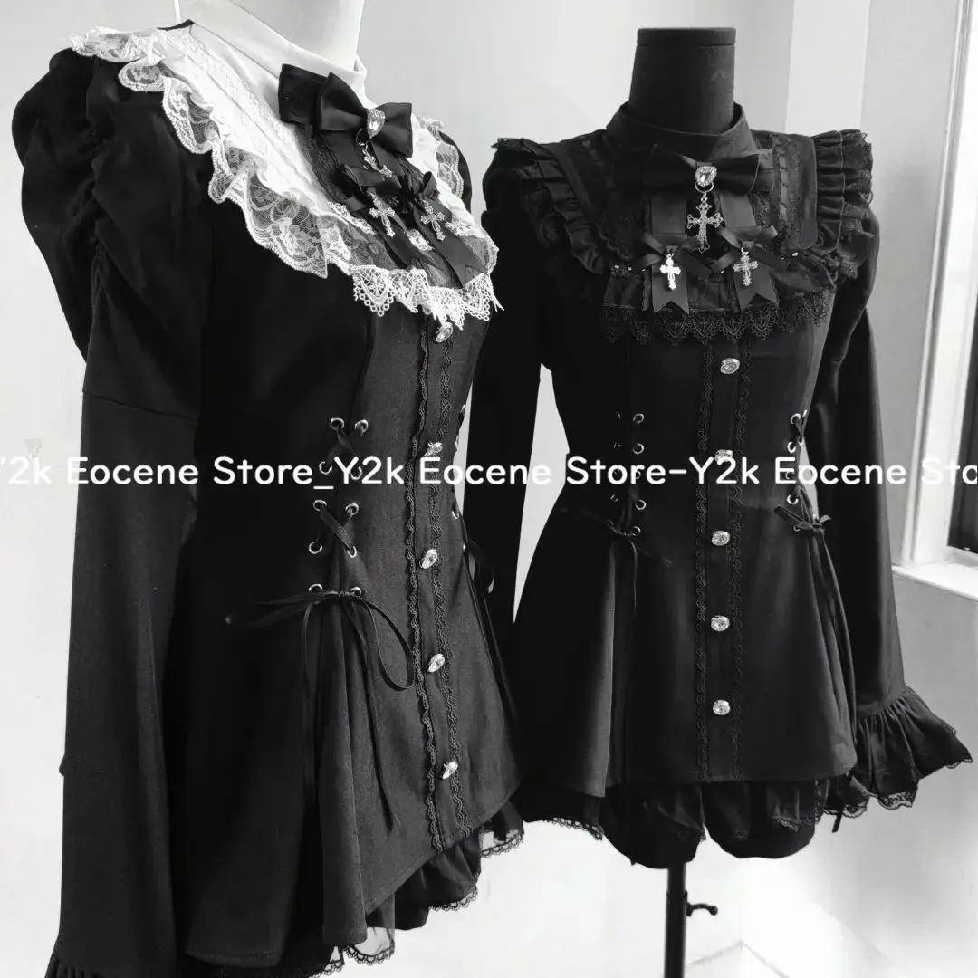 Y2k Aesthetic Lolita Style Bow Dress Shorts Set Women Kawaii Lace Flare Sleeve Bow Shirt Dress Japanese Punk Party Mini