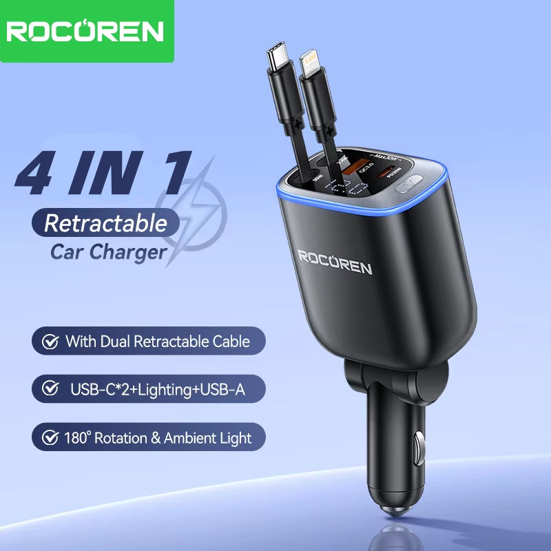 Rocoren 4 IN 1 Retractable Car Charger Mobile Phone 2C+L+A For iPhone Fast Charge Cord for iPhone 16 15 14 13 12 Samsung Xiaomi