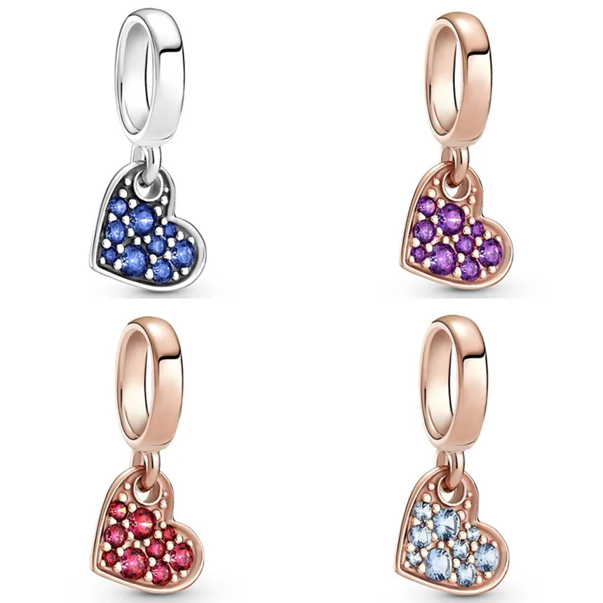 

Original Colours Royal Purple Pave Tilted Heart Dangle Beads Charm Fit Pandora Women 925 Sterling Silver Bracelet Bangle Jewelry