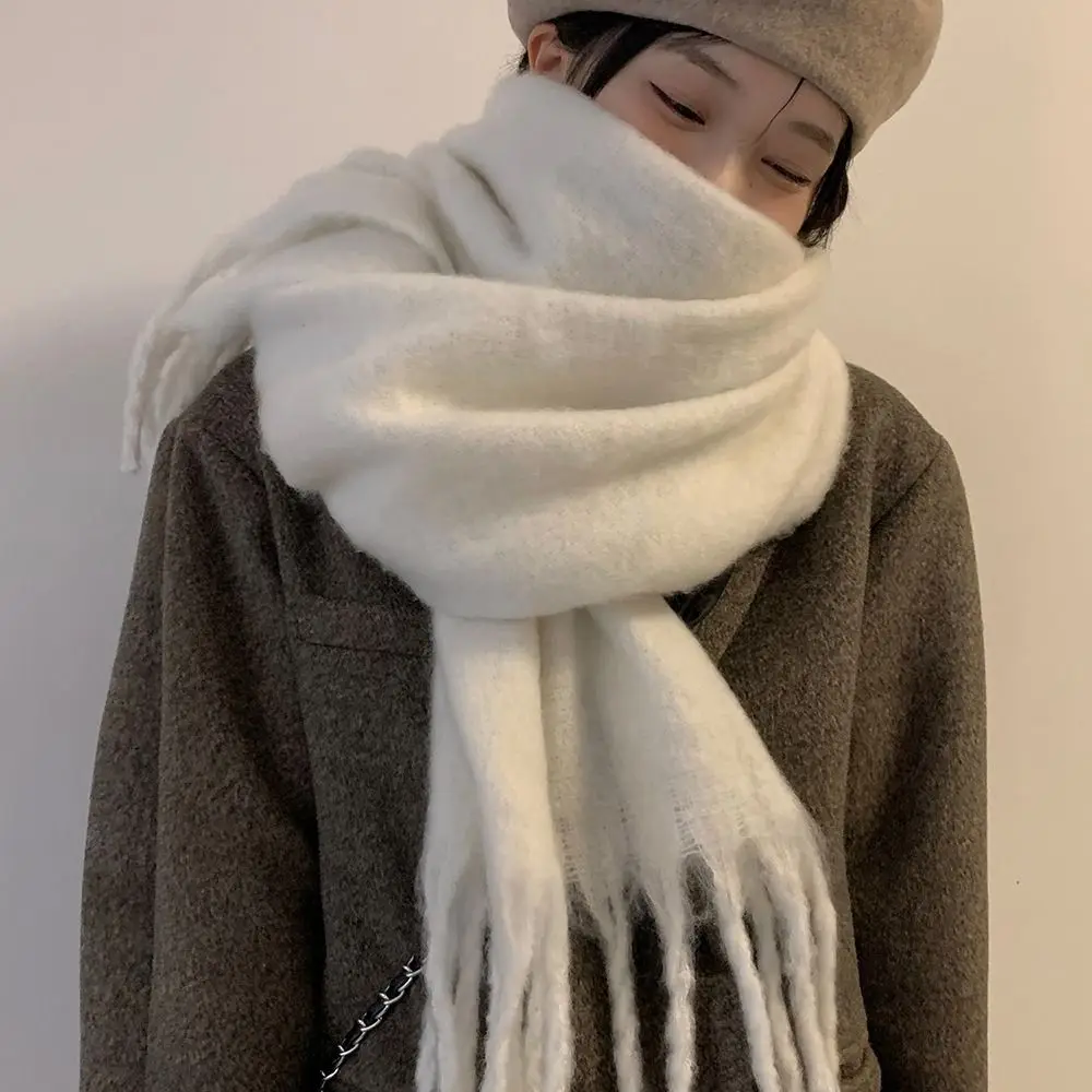 

Soft Winter Cashmere Scarf Elegant Warm Solid Color Long Tassel Scarves Thickened Mohair Wrap Shawls Women