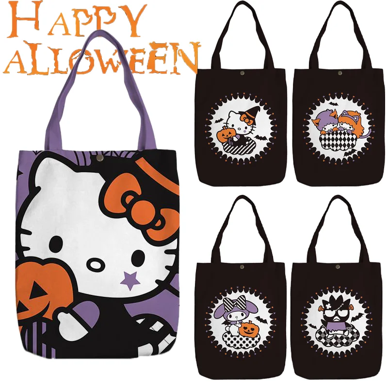

Kawaii Sanrio Hello Kitty Halloween Handbag Kuromi Cinnamoroll Pompompurin Animes Casual Shoulder Bag Reusable Shopping Bag