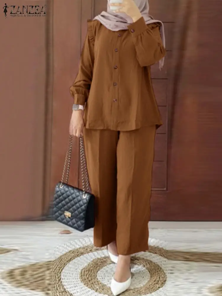 2PCS Vintage Long Sleeve Shirt Matching Sets Trousers Suits ZANZEA Fashion Muslim Pant Sets Dubai Turkey Abaya Loose Outifits