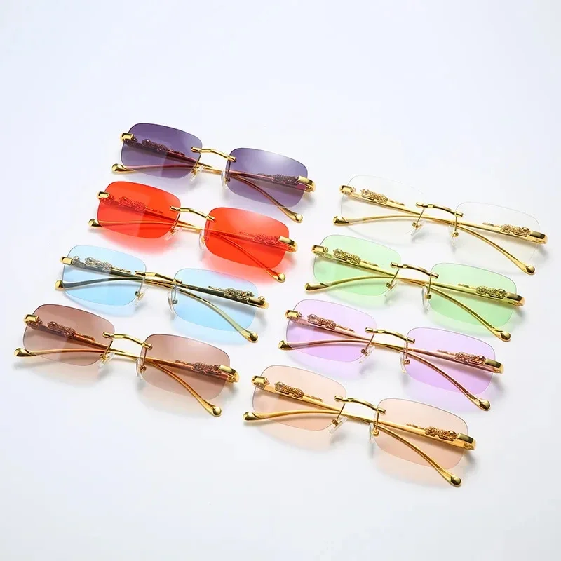 Rimless Rectangle Vintage Sunglasses Metal Leopard Head Sun Glasses Fashion Frameless Tinted Glasses Shades for Women Men color matching sunglasses