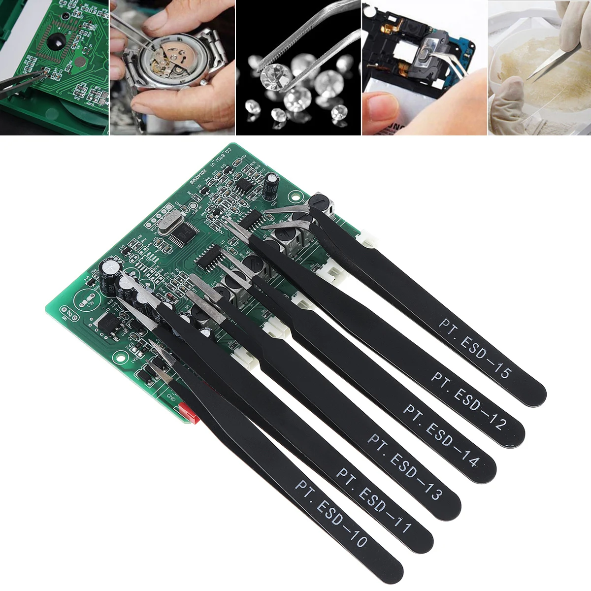 6pcs Stainless Steel Tweezer 1.0MM Anti Static Fix Repair Tool Kit for Electronics Jewelry Fine Craft Mobile phone Sticker Drill