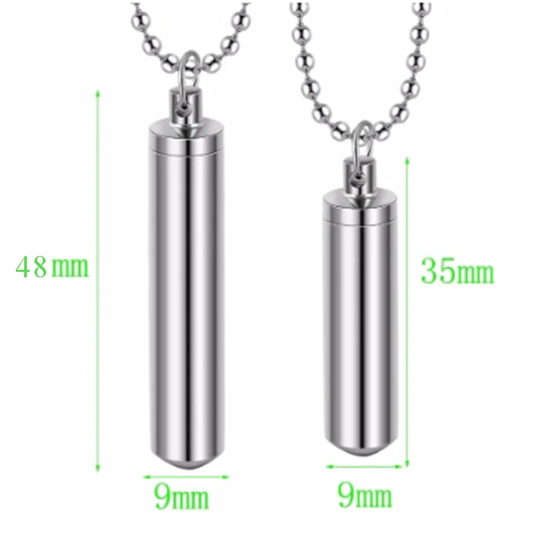 Men Stainless Steel Jewelry Pill Case Holder Cylinder Urn Pendant Memorial Necklace 2 Sizes Beaded Chain 20" 2