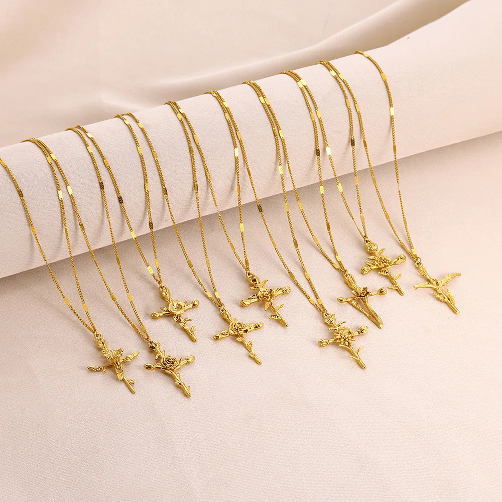 Stainless Steel Birth Flower Cross Necklaces For Women
