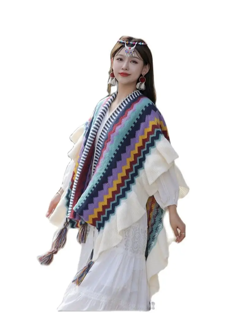 

Shawl Wrap Women's Ethnic Style Knit Cape Fringe Shawl Travel Vacation Wood Ear Outdoor Multifunctional Poncho Women