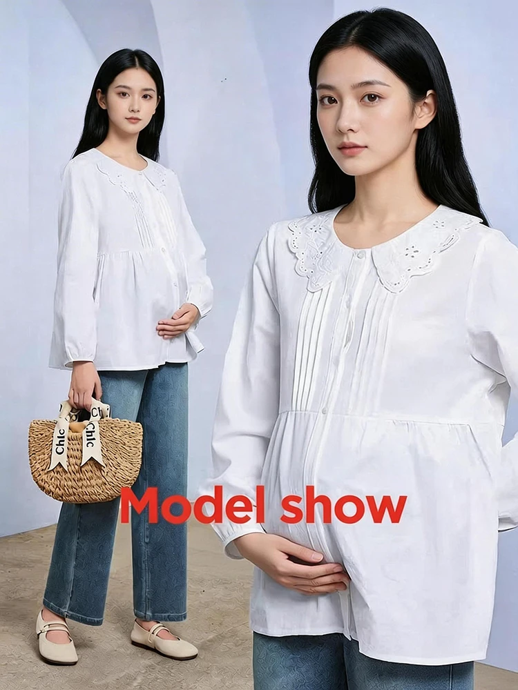 스위트 스타일 출산 셔츠 봄 가을 긴 소매 코튼 퓨어 컬러 벨 인형 셔츠 임신을 숨기는 임산부를 위한 이상적인 옷