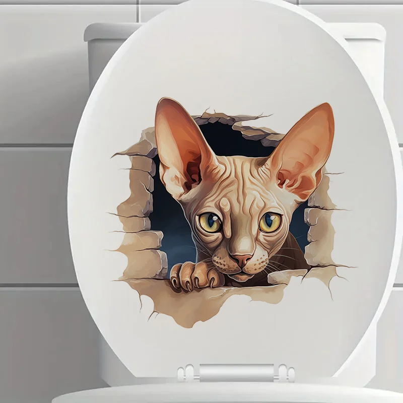 90995# Cute Hairless Cat Peeking Toilet Sticker Durable Material Perfect For Home Wall Decor Aesthetic Room Decoration