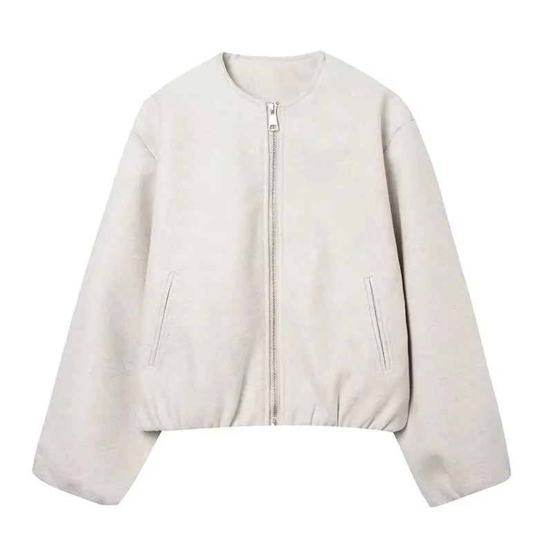 Ladies Fashion Soft Bomber Jacket Female Autumn Winter Short Jacket Women Retro O-Neck Long Sleeve Elastic Hem Zipper Women Coat