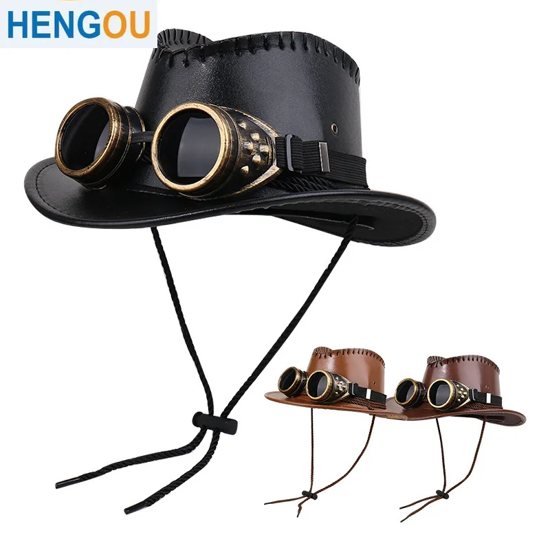 

Vintage Western Cowboy Hat With Glasses Jazz Steampunk Heavy Metal Driver Goggles Cosplay Halloween Decorations for Adult Kids