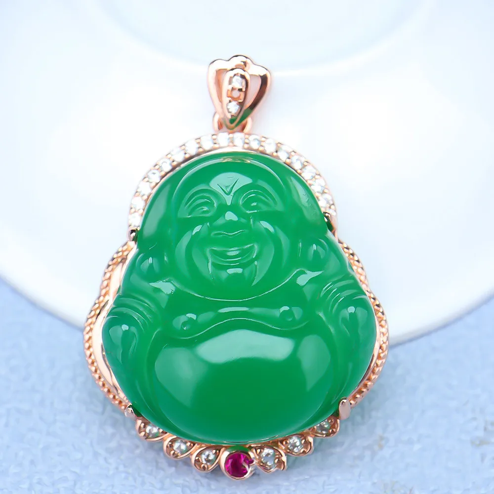 

Natural Agate Green Chalcedony Laughing Buddha Pendant Maitreya Buddha Women's Fashion Necklace Pendant Jewelry