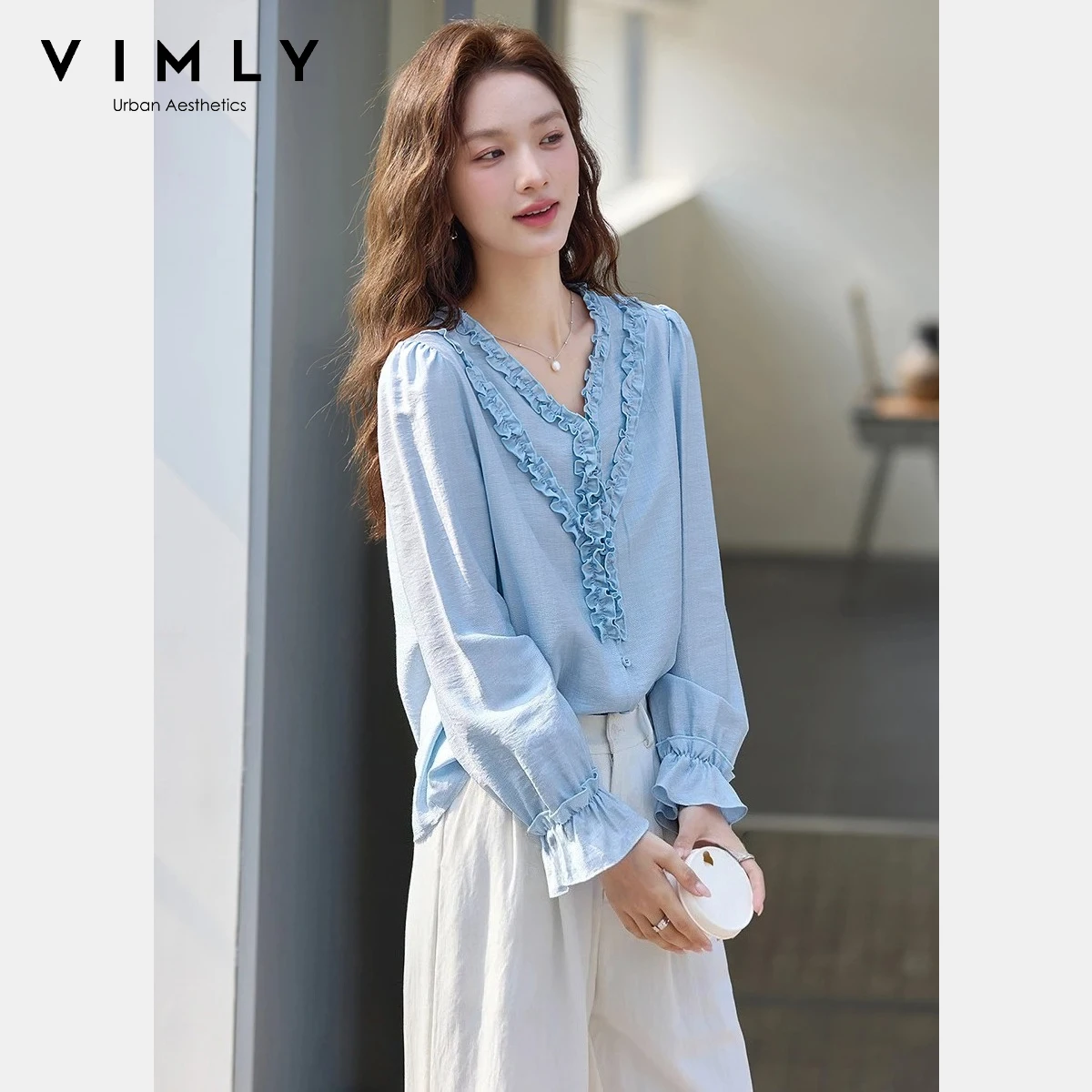 VIMLY Women‘s Versatile Blouses 2026 Spring New French Style V Neck Ruffle Trim Loose Fit Elegant Daily Long Sleeve Shirt A3838