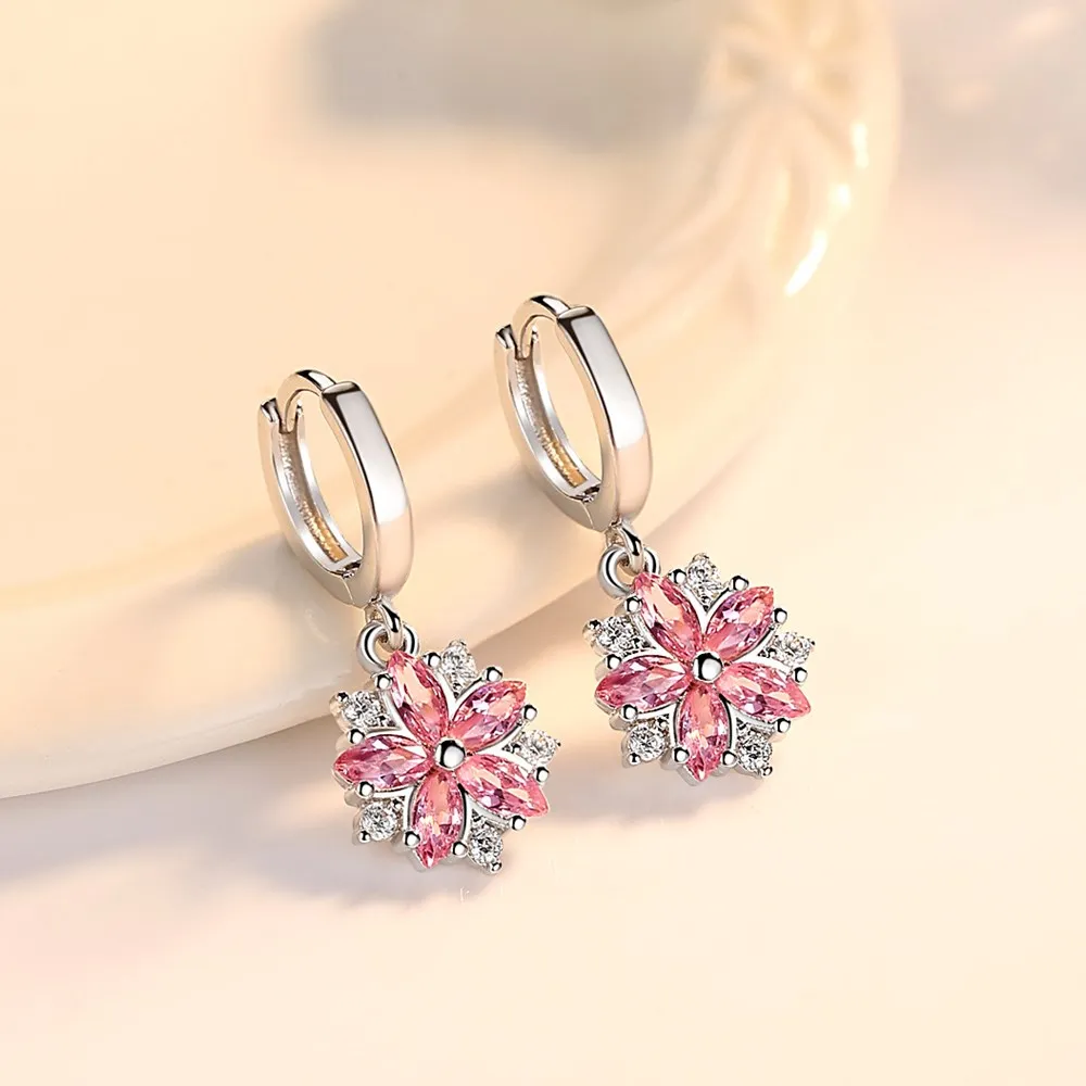 

Wholesale 925 Sterling Silver Earrings High Quality Jewelry Women Fashion Trendy Pink Crystal Zircon Flower Hot