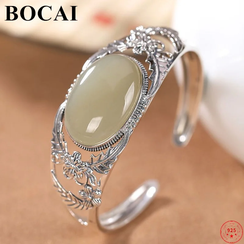 

BOCAI Solide Sterling Siliver S925 Bangle Hetian Jade Retro Personality Plum Temperament Women's Opening Thai Silver Bracelet