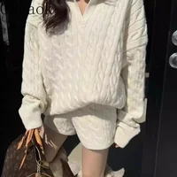 Gagaok Korean Style Sweater Short Sets Women Casual Turn-down Collar Solid Knitted Pullover Top+high Waist Shorts 2 Piece Set 1