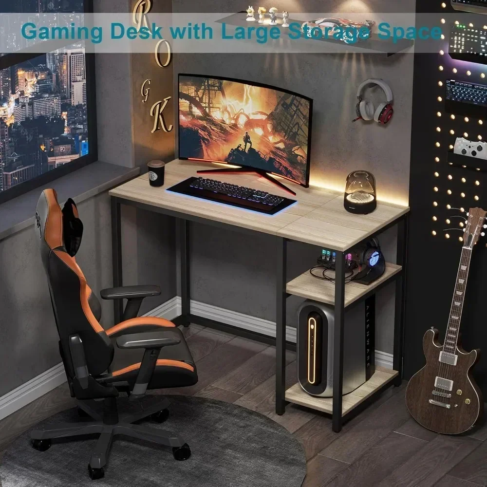Computer Desk 40 inches with 2-Tier Shelves Sturdy Home Office Desks with Large Storage Space Modern Gaming Desk Study Writing