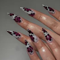 Mid-length Coffin Fake Nails 24Pcs White French Tip Ballerina Press On Nail Pink/White Flower Printed Spring/Summer DIY Manicure 2