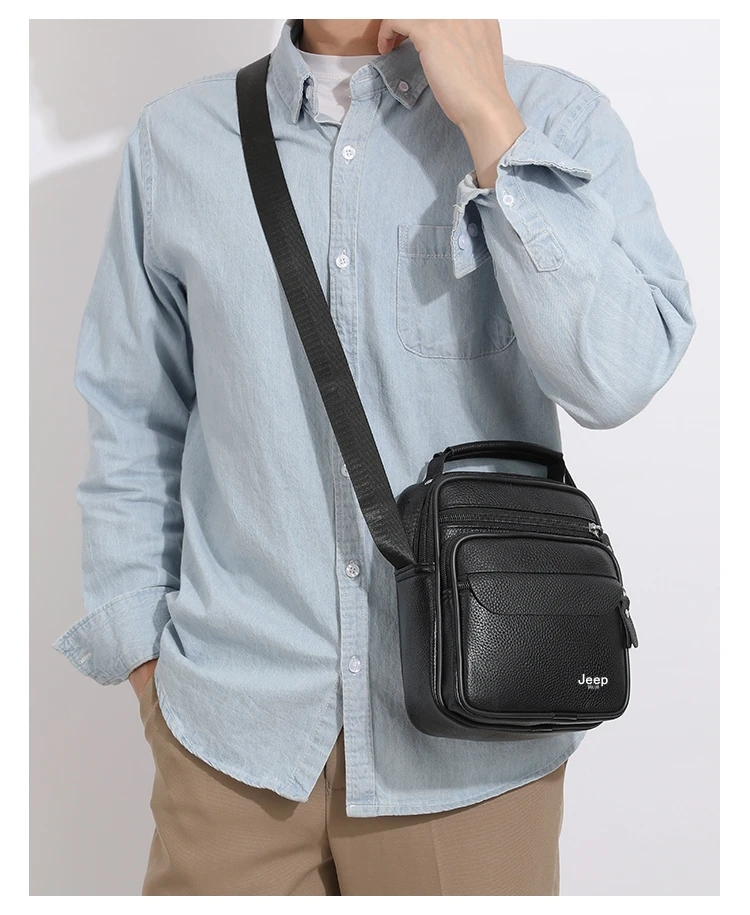 JEEP BULUO Brand Genuine Leather Men Shoulder Bags Black High Quality Male Cow Leather Crossbody Tote Handbags Business Fashion