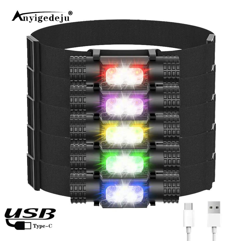 H05B Mini Headlamp XML-L2 U2 LED 18650 Headlight Red Green Purple UV Blue Yellow 6 Color Flash Head Lamp Light Flash Light Torch
