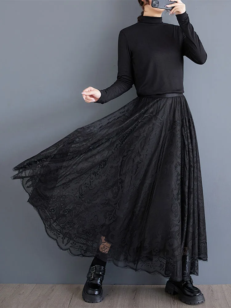 2025 Spring Autumn New Black Vintage Hollow Lace Skirt Women High Elastic Waist  Loose Casual Midi Skirts Fashion Clothing