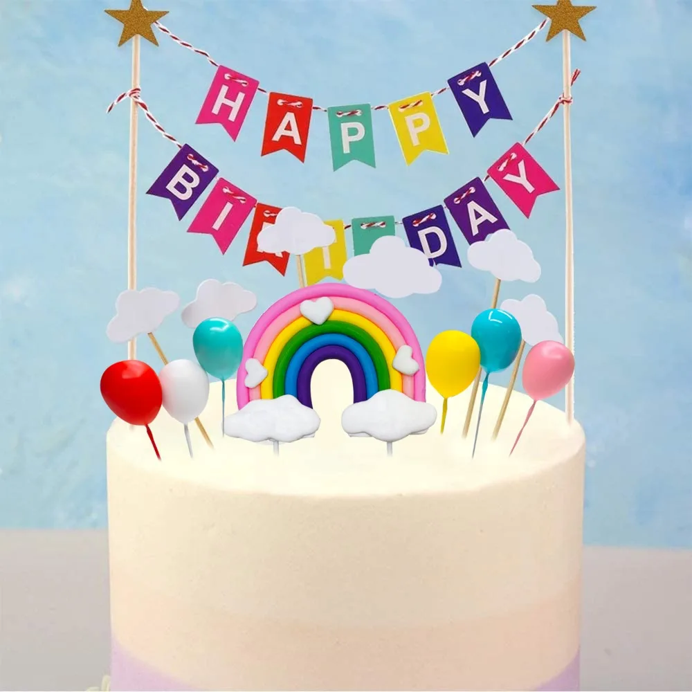 Cake Plugin Set,happy Birthday Banner Hat Including Colorful Rainbow Clouds,balloons,stars  Cake Decoration Accessories Tools