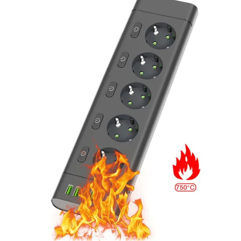 EU Plug Power Strip Multiple Independent Control Outlet Sockets 2m Extension Cord with 4 USB 2 Type-C Ports