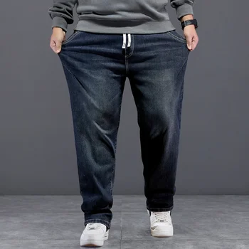 اضافية كبيرة الحجم الجينز الرجال مرونة عالية الخصر فضفاض الدنيم بانت الذكور زائد كبير فضفاض صالح كاوبوي بنطلون 8XL 6XL كلاسيكي أسود أزرق - Image 5