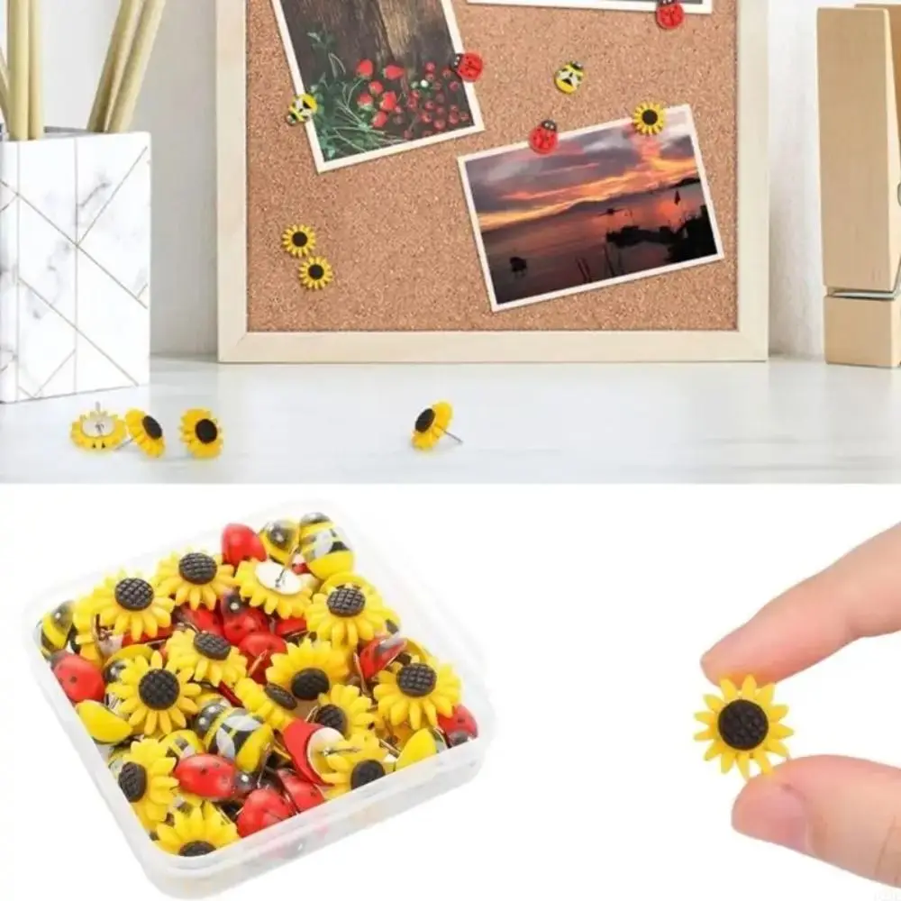 30개 휴대용 꿀벌 해바라기 푸시핀 DIY 창의적인 보드 푸시핀 3D 박스 포함 장 스터드 사무실 학교 용품