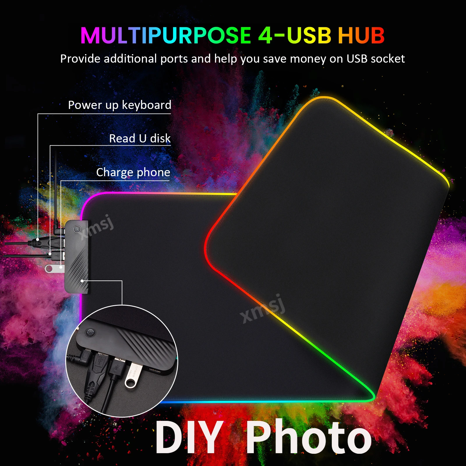 Rgb 4 Usb Hub Multipurpose Custom Diy Your Own Picture Logo Gaming