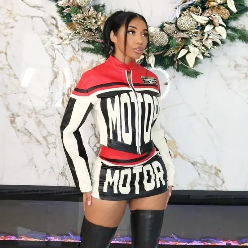 Racing Letter Print Color Patchwork Casual 2 Piece Set Women Stand Collar Long Sleeve Zip-up Jacket Crop Top Mini Skirt Y2K Suit vansvans vans casual shoes vn0a45j5bop racing red