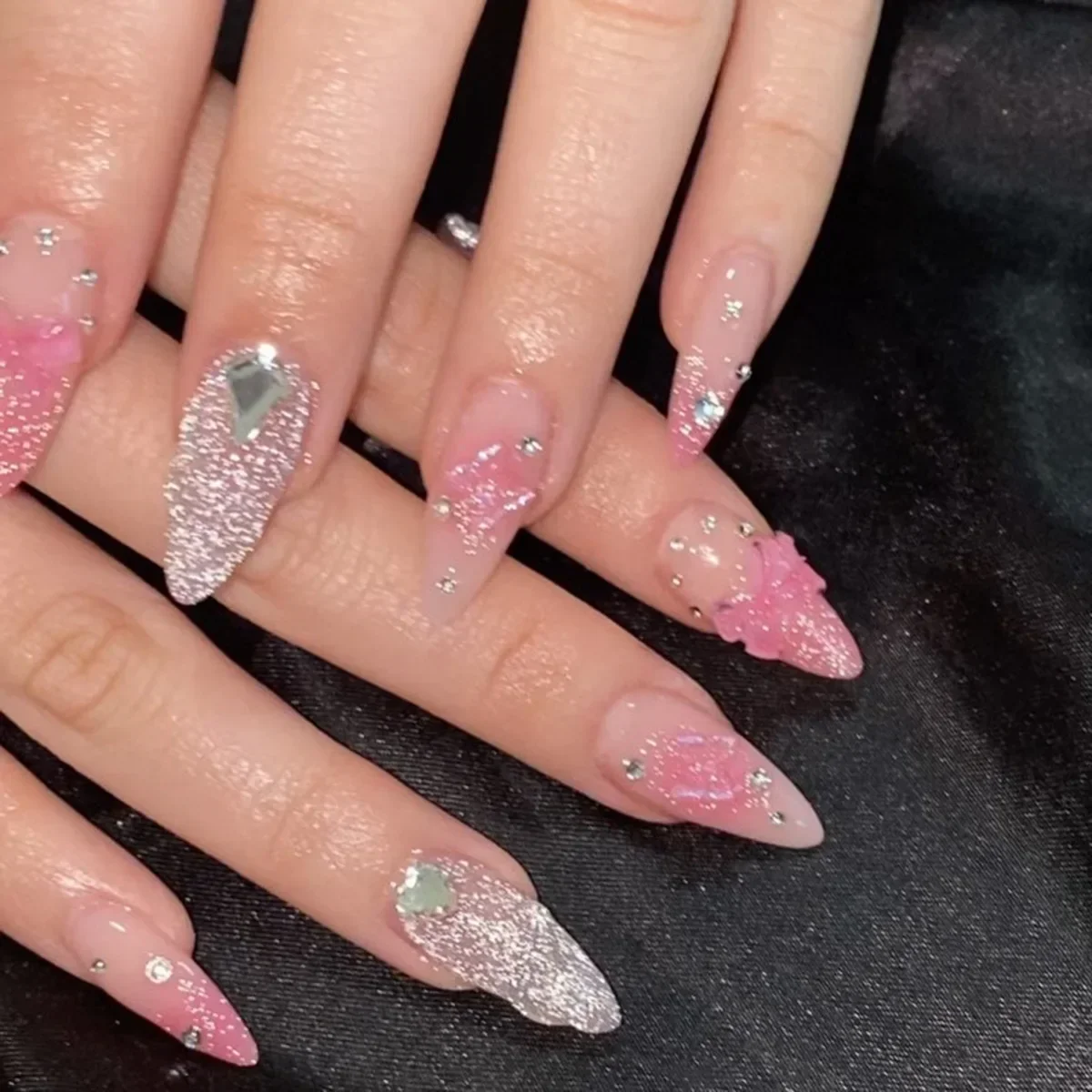 

24Pcs Pink Bow Design Fake Nails Sparkling Diamond Acrylic Almond Press on Nails Wearable Nails Set Perfect for Party Girls