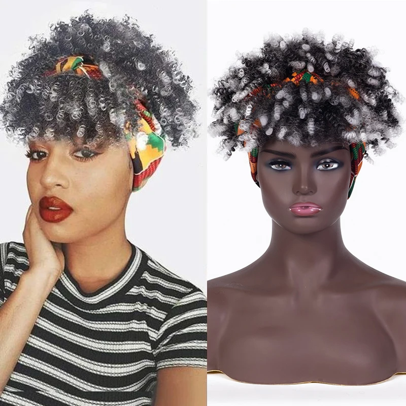 

Short Afro Kinky Curly Hair Wigs for Black Women Fluffy Curls Hairband Headband Wig Synthetic African Turban Wrap Glueless Hair