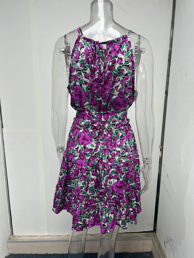 

2023 European and American Women's Summer Casual Lace Up Ruffled Edge Large Swing Fragmented Flower Dress 4028