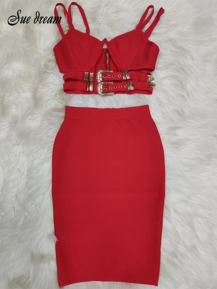 

2022 New Summer Sexy European And American Sling V-Neck Belt Hollow Bandage Suit Skirt Fashion Celebrity Club Party Suit