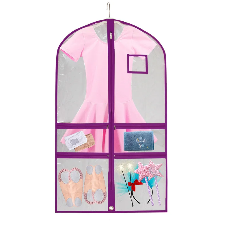 40'' Clear Kids Dance Costume Garment Bags for Dancers With Pockets PVC Waterproof Foldable Travel Hanging Clothes S