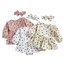 

New Born Baby Girl 2-piece Bodysuits Dress Long Sleeve Heart Print Crew Neck Lace Mini Dress and Hairband Spring Child Girl Set