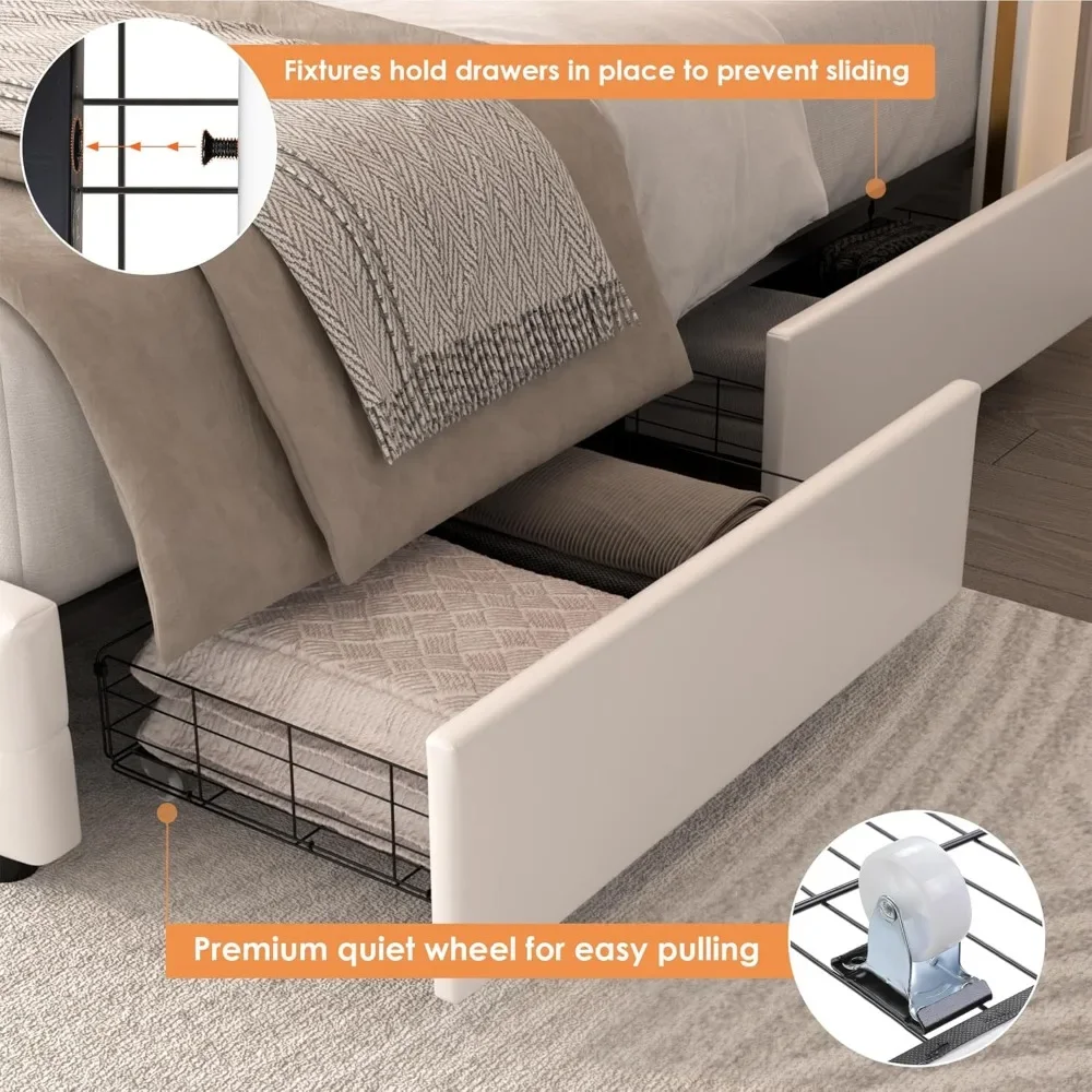 Smart LED Platform Bed Frame with 4 Storage Drawers, Crystal Button-Tufted & Stainless Gold Trim Wingback Headboard/ 6