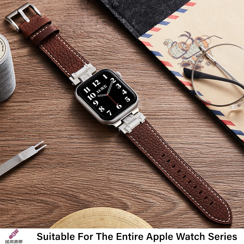 Litchi Pattern Mechanical Style Strap for Apple Watch Ultra 2 vintage Leather band for iWatch durable fine design adapters 46mm